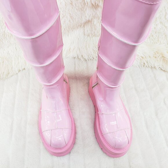 Pink Patent Knee High Goth Punk Festival Boots - Picture 11 of 13